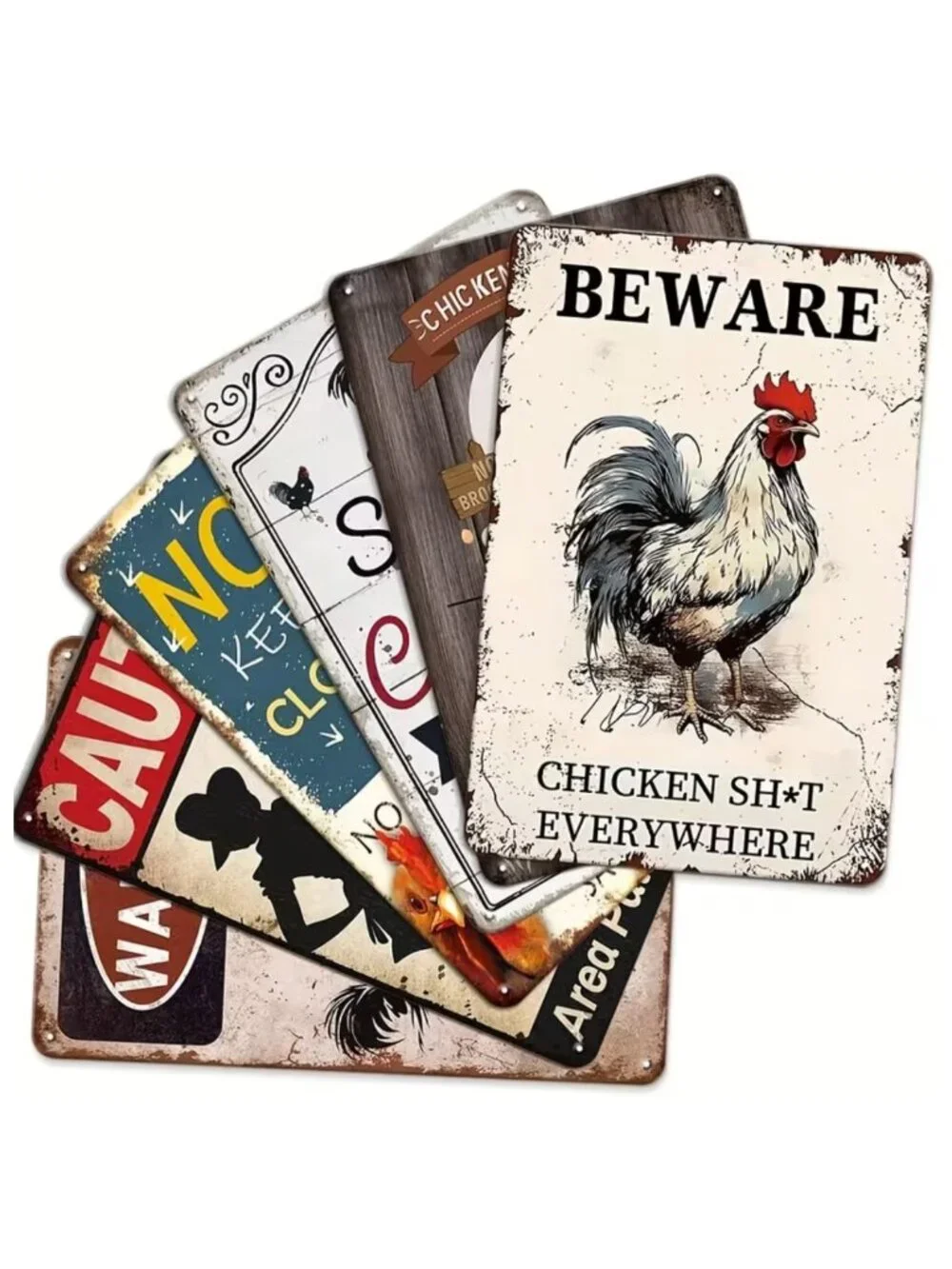 NWT 6 Pack Funny Chicken Coop Signs Vintage Metal Tin Farm Barn Wall Decor